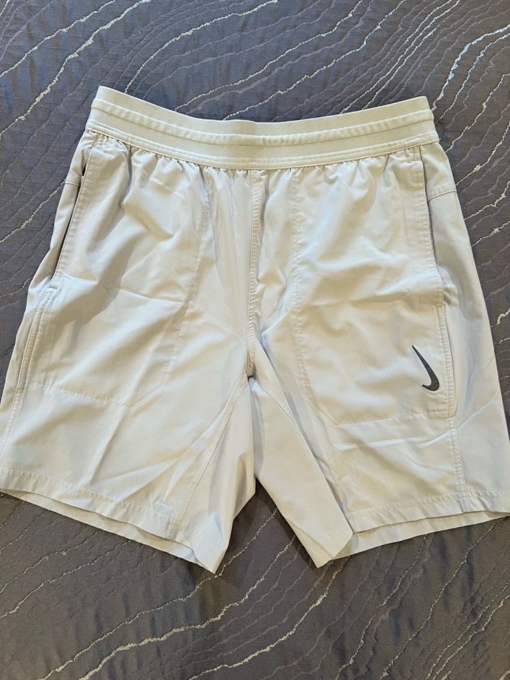 Nike Yoga Dri-FIT Men’s Light Bone Athletic Shorts with Black Swoosh
